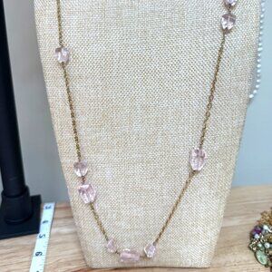 J. Crew Long Gold Tone Chain Necklace W/ Pink Faceted Beads Double Strand Design